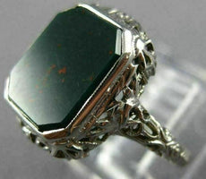 ANTIQUE WIDE GREEN AGATE 14K WHITE GOLD CLASSIC OPEN FILIGREE OCTAGON RING 26427