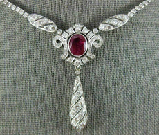 ANTIQUE LARGE 9.90CT DIAMOND & AAA RUBY 18K WHITE GOLD 3D LARIAT TENNIS NECKLACE