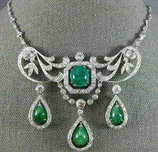 ANTIQUE LARGE 25.0CT OLD MINE DIAMOND & EMERALD 18K WHITE GOLD FILIGREE NECKLACE