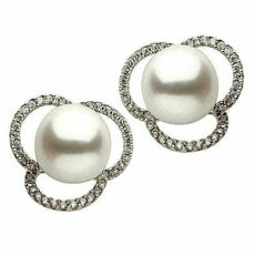 ESTATE .45CT DIAMOND & AAA SOUTH SEA PEARL 14K WHITE GOLD FLOWER STUD EARRINGS