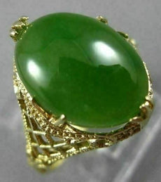 ANTIQUE LARGE AAA OVAL JADE 14KT YELLOW GOLD 3D OPEN FILIGREE LOVE RING #26092