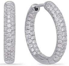 1.07CT DIAMOND 14KT WHITE GOLD 3D 3 ROW PAVE INSIDE OUT HOOP HANGING EARRINGS