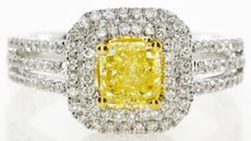 1.47CT WHITE & FANCY YELLOW DIAMOND 18K 2 TONE GOLD CUSHION HALO ENGAGEMENT RING