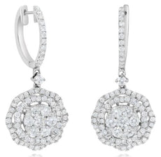 ESTATE 2.42CT DIAMOND 18KT WHITE GOLD 3D CLUSTER FLOWER HUGGIE HANGING EARRINGS