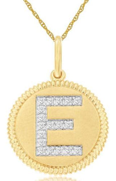 .09CT DIAMOND 14KT YELLOW GOLD ROUND CLASSIC E INITIAL FILIGREE FLOATING PENDANT