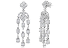 LARGE 4.20CT DIAMOND 14K WHITE GOLD ROUND & BAGUETTE CHANDELIER HANGING EARRINGS