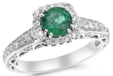 1.7CT DIAMOND & AAA EMERALD 18K WHITE GOLD ROUND SQUARE FILIGREE ENGAGEMENT RING
