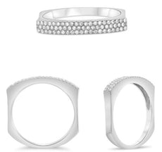 .19CT DIAMOND 14KT WHITE GOLD 3D CLASSIC ROUND 3 ROW PAVE SQUARE SHAPE FUN RING