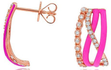 .33CT DIAMOND & PINK ENAMEL 14K ROSE GOLD 3D MULTI ROW CRISS CROSS LOVE EARRINGS