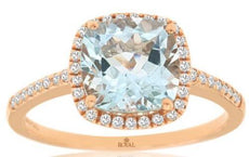 2.03CT DIAMOND & AAA AQUAMARINE 14KT ROSE GOLD CUSHION HALO FRIENDSHIP LOVE RING