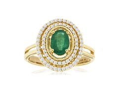 1.03CT DIAMOND & AAA EMERALD 14KT YELLOW GOLD OVAL & ROUND DOUBLE HALO FUN RING