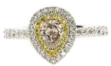 .72CT WHITE PINK & FANCY YELLOW DIAMOND 18KT TRI COLOR GOLD PEAR SHAPE HALO RING