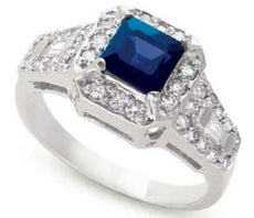 2.11CT DIAMOND & AAA SAPPHIRE 14K WHITE GOLD 3D EMERALD CUT HALO ENGAGEMENT RING