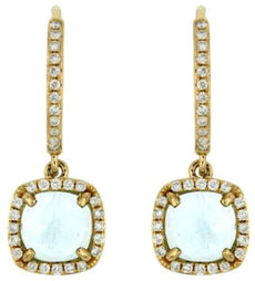 2.05CT DIAMOND & AAA AQUAMARINE 14K YELLOW GOLD CUSHION & ROUND HANGING EARRINGS