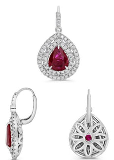 4.97CT DIAMOND & AAA RUBY 18KT WHITE GOLD 3D PEAR SHAPE & ROUND HANGING EARRINGS