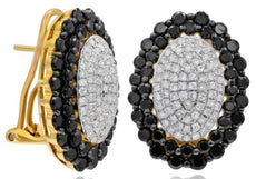 2.96CT WHITE & BLACK DIAMOND 14KT YELLOW GOLD OVAL DOUBLE HALO HANGING EARRINGS