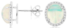 3.75CT DIAMOND & AAA OPAL 14KT WHITE GOLD 3D OVAL & ROUND CABOCHON STUD EARRINGS