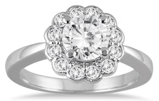 1.25CT DIAMOND 14KT WHITE GOLD ROUND SOLITAIRE FLOWER SEMI BEZEL ENGAGEMENT RING