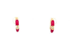ESTATE .06CT DIAMOND & RED ENAMEL 18KT YELLOW GOLD HUGGIE HOOP HANGING EARRINGS