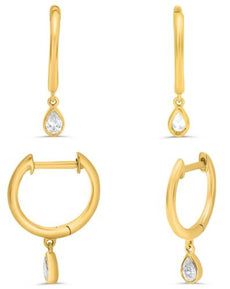 .14CT DIAMOND 14K YELLOW GOLD SOLITAIRE BEZEL PEAR SHAPE HUGGIE HANGING EARRINGS