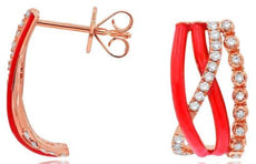 .34CT DIAMOND & RED ENAMEL 14KT ROSE GOLD 3D MULTI ROW CRISS CROSS LOVE EARRINGS