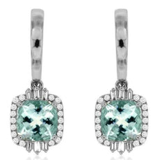 2.99CT DIAMOND & AAA AQUAMARINE 14K WHITE GOLD CUSHION ROUND & BAGUETTE EARRINGS