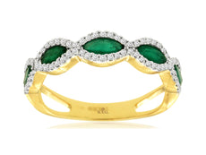 1CT DIAMOND & AAA EMERALD 14K YELLOW GOLD MARQUISE 5 STONE HALO ANNIVERSARY RING