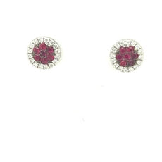 ESTATE .43CT DIAMOND & AAA RUBY 18K WHITE GOLD FLOWER HALO CLASSIC STUD EARRINGS