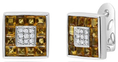 2.15CT DIAMOND & AAA CITRINE 14KT WHITE GOLD 3D PRINCESS & ROUND SQUARE EARRINGS