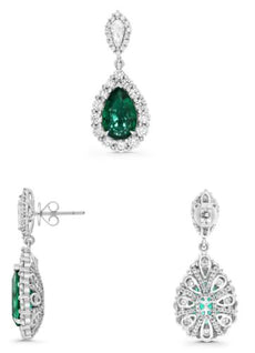 LARGE 11.0CT DIAMOND & AAA EMERALD PLATINUM PEAR SHAPE & ROUND HANGING EARRINGS