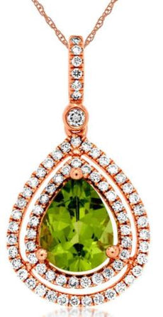 2.15CT DIAMOND & AAA PERIDOT 14KT ROSE GOLD PEAR SHAPE & ROUND TEAR DROP PENDANT