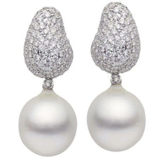 ESTATE LARGE 2.5CT DIAMOND & AAA SOUTH SEA PEARL 18K WHITE GOLD CLUSTER EARRINGS