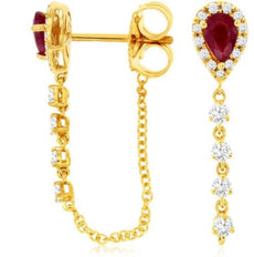 .79CT DIAMOND & AAA RUBY 14KT YELLOW GOLD 3D PEAR SHAPE & ROUND HANGING EARRINGS