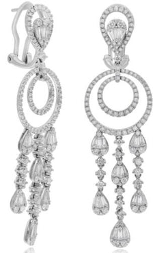 LARGE 3.17CT DIAMOND 18K WHITE GOLD 3D ROUND & BAGUETTE MULTI TEAR DROP EARRINGS