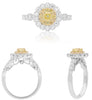 .98CT WHITE & FANCY YELLOW DIAMOND 18KT 2 TONE GOLD CUSHION & ROUND FLORAL RING