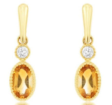 .30CT DIAMOND & AAA CITRINE 14KT YELLOW GOLD OVAL & ROUND FUN HANGING EARRINGS