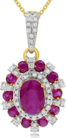 .30CT DIAMOND & AAA RUBY 14K YELLOW GOLD 3D OVAL & ROUND FLOWER FLOATING PENDANT