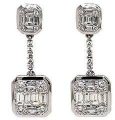 LARGE 1.79CT DIAMOND 18KT WHITE GOLD ROUND & BAGUETTE ILLUSION HANGING EARRINGS