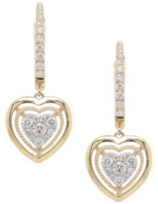 .32CT DIAMOND 14K YELLOW GOLD 3D CLASSIC TRIPLE HEART LEVERBACK HANGING EARRINGS