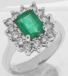 2.45CT DIAMOND & AAA EMERALD 14KT WHITE GOLD SQUARE HALO FLORAL ENGAGEMENT RING