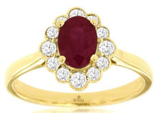 1.25CT DIAMOND & AAA RUBY 14KT YELLOW GOLD CLASSIC OVAL & ROUND FLOWER LOVE RING