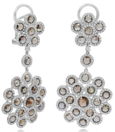 LARGE 7.45CT WHITE & ROSE CUT DIAMOND 18KT WHITE GOLD 3D DOUBLE FLOWER EARRINGS