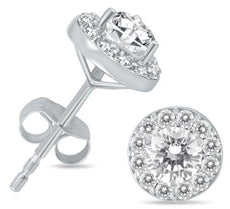 ESTATE 1.0CT DIAMOND 14KT WHITE GOLD 3D CLASSIC SOLITAIRE HALO STUD EARRINGS