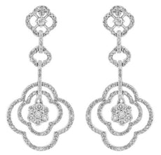1.03CT DIAMOND 14K WHITE GOLD CLUSTER 4 LEAF CLOVER FLOWER LOVE HANGING EARRINGS