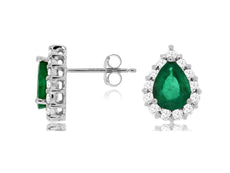 ESTATE 2.85CT DIAMOND & AAA EMERALD 14K WHITE GOLD PEAR SHAPE HALO STUD EARRINGS