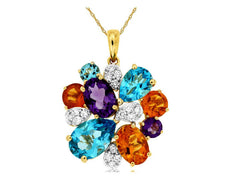4.70CT DIAMOND & AAA MULTI GEM 14KT YELLOW GOLD FLOWER CLUSTER FLOATING PENDANT