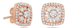 .60CT DIAMOND 14KT ROSE GOLD 3D ROUND & BAGUETTE FLOWER SQUARE STUD EARRINGS
