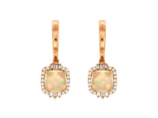2.09CT DIAMOND & AAA OPAL 14KT ROSE GOLD 3D CUSHION HALO SQUARE HANGING EARRINGS
