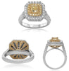 1.87CT WHITE & FANCY YELLOW DIAMOND 18KT TWO TONE GOLD ROUND & CUSHION HALO RING