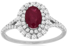 1.40CT DIAMOND & AAA RUBY 14KT WHITE GOLD OVAL & ROUND DOUBLE HALO CLASSIC RING